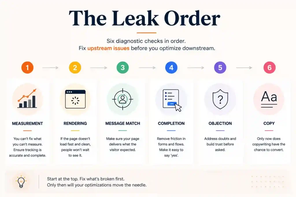 Six diagnostic checks in order — measurement, rendering, message match, completion, objection, then copy