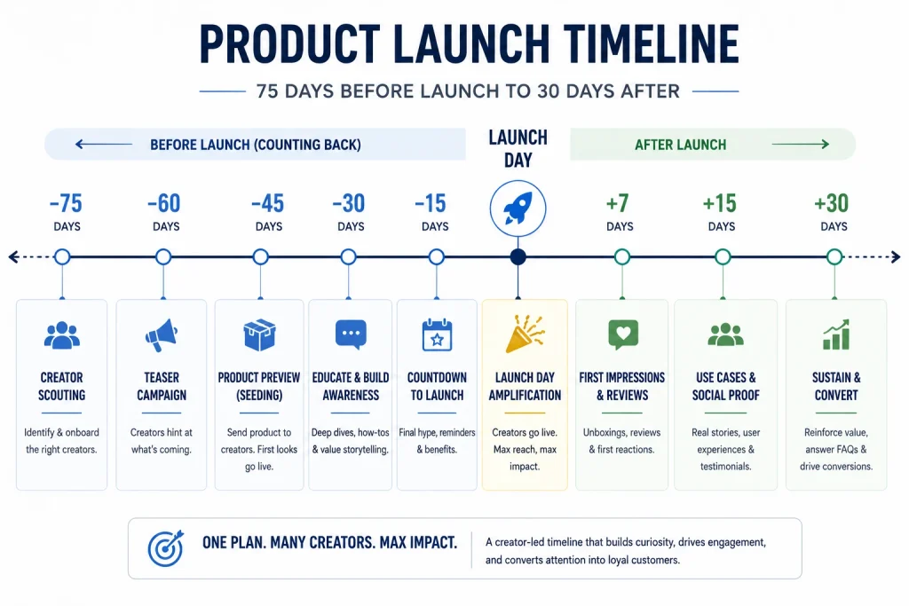 Backwards timeline from seventy-five days before launch to thirty days after, marking creator milestones