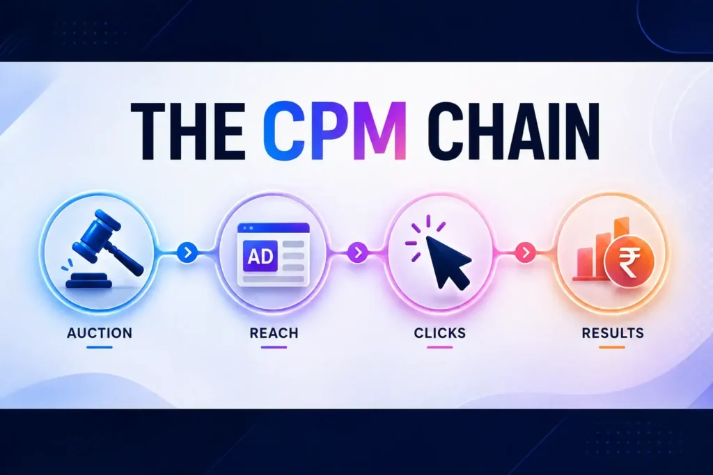The CPM chain — impressions priced by auction, then click-through rate and conversion rate determining cost per result

