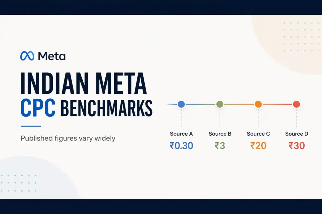 Published Indian Meta CPC figures compared — ranges from four sources that disagree by a factor of fifty

