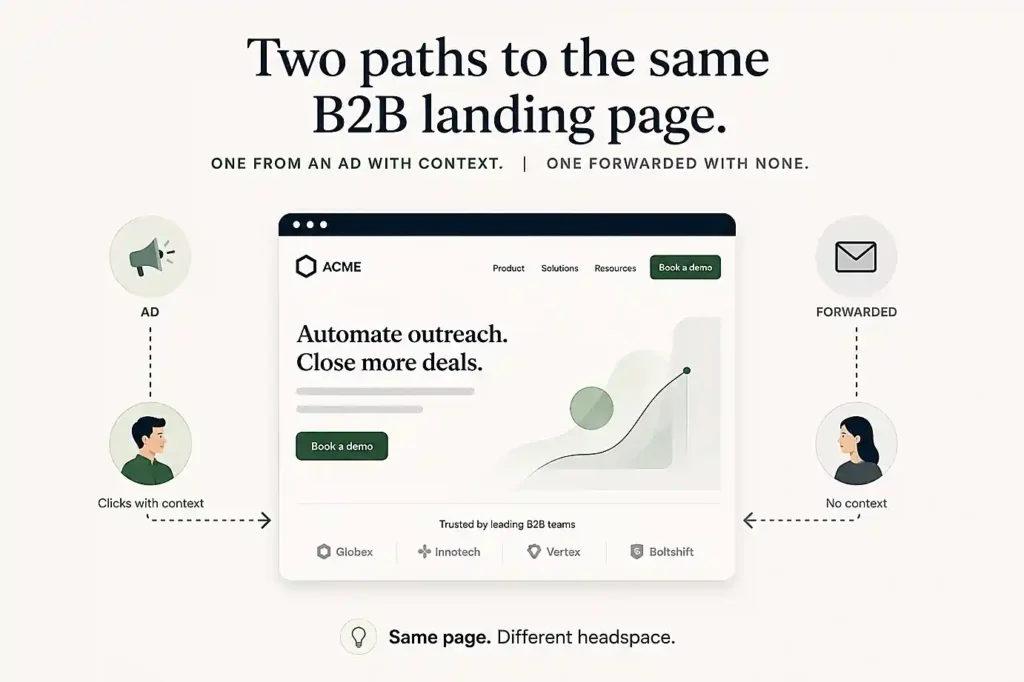 Two paths to the same B2B landing page — one from an ad with context, one forwarded with none

