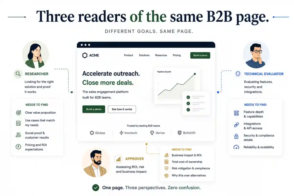 Three readers of the same B2B page — the researcher, the technical evaluator, the approver — and what each needs to find

