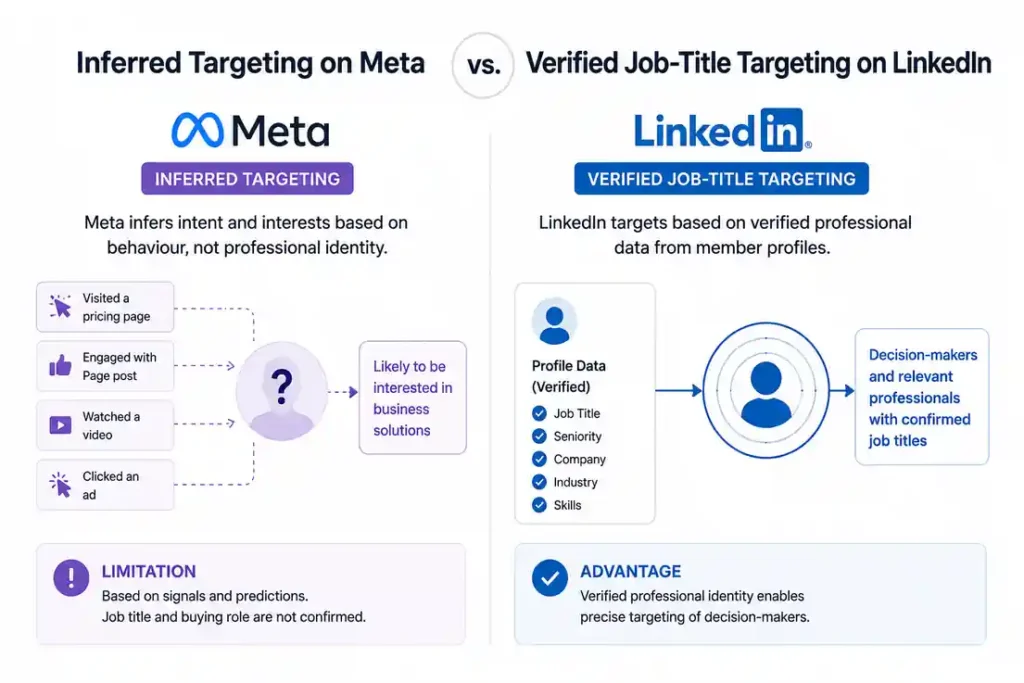 Inferred targeting on Meta compared with verified job-title targeting on LinkedIn


