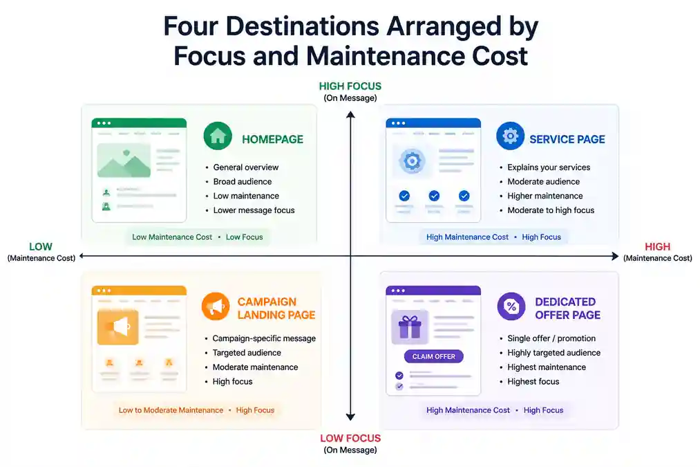 Four destinations arranged by focus and maintenance cost — homepage, service page, campaign landing page, dedicated offer page

