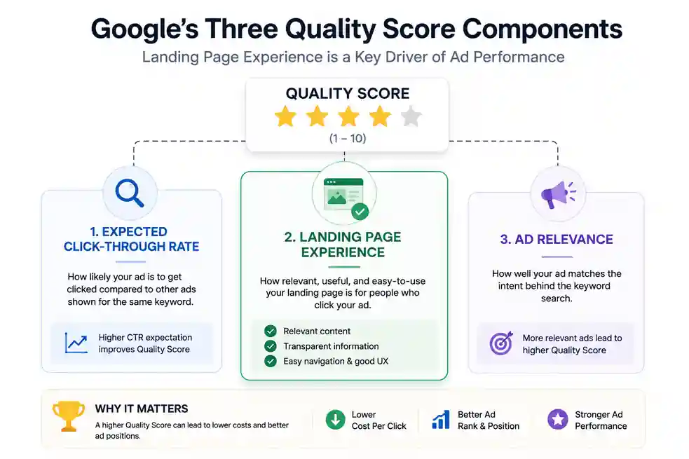 Google's three Quality Score components, with landing page experience highlighted


