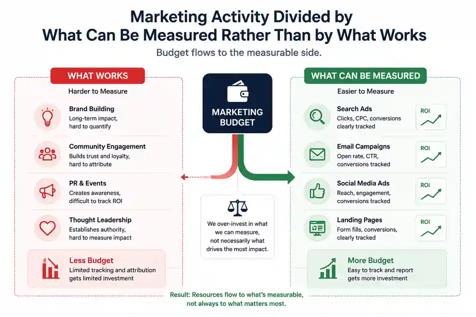 Marketing activity divided by what can be measured rather than by what works, with budget flowing to the measurable side

