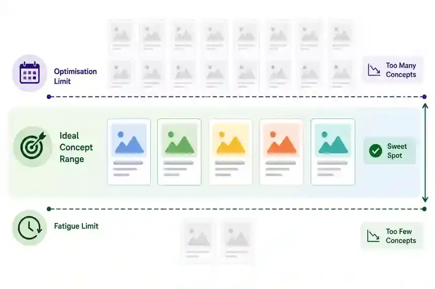 Concept count bounded above by weekly optimisation events and below by the fatigue refresh clock

