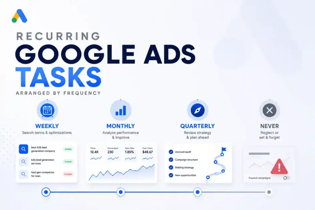 Recurring Google Ads tasks arranged by frequency — weekly, monthly, quarterly, and never


