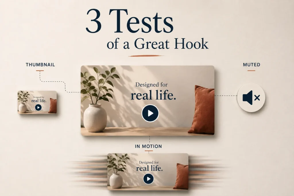 The three viewing conditions a hook must survive — muted, thumbnail-sized, and moving

