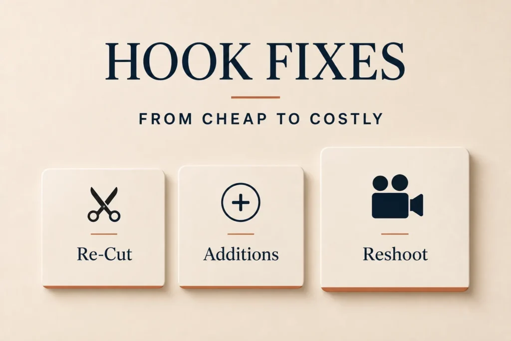 Hook fixes ordered from free re-cuts through cheap additions to full reshoots

