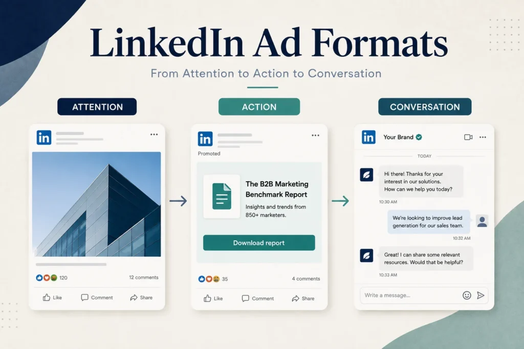 LinkedIn ad formats ordered by what they ask of the viewer — attention, an on-platform action, then a conversation