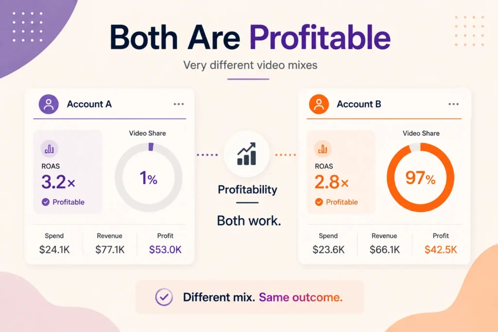 One profitable account at 1% video and another at 97%, side by side