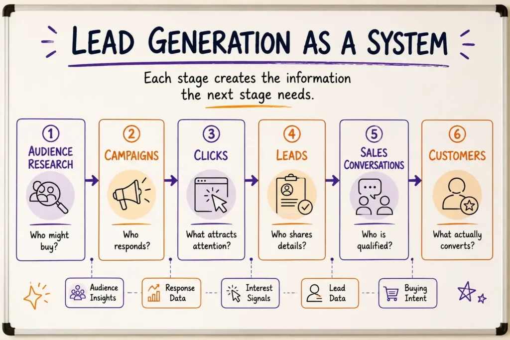 Six stacked stages showing how each lead generation stage produces information the next one needs

