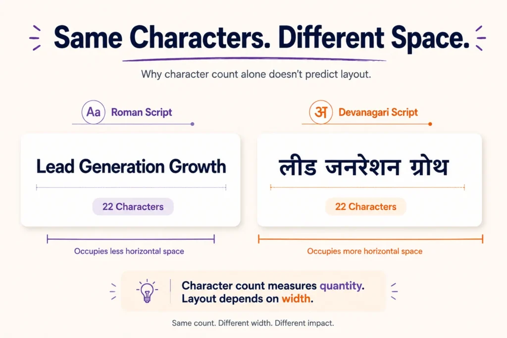 The same headline in Roman and Devanagari at identical character counts, occupying different widths

