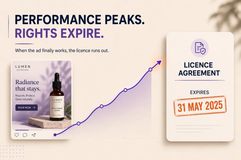 An ad's performance curve rising as its usage licence runs out

