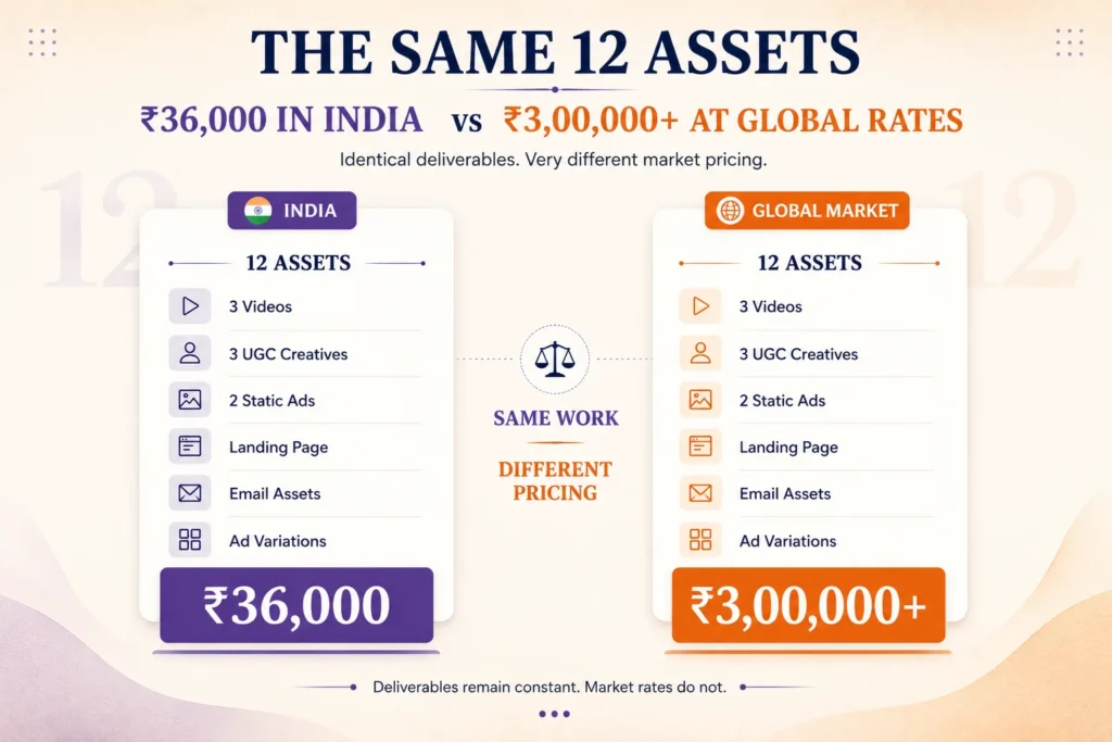 The same twelve assets costing 36,000 rupees in India and over three lakh at global rates

