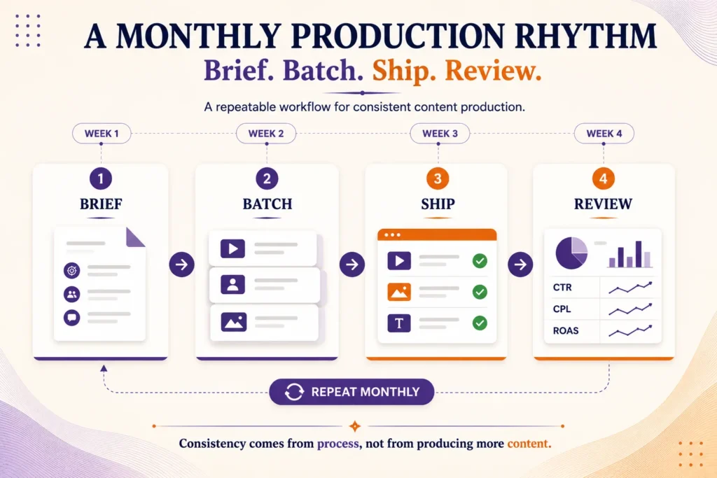 A monthly production rhythm — brief, batch, ship, review

