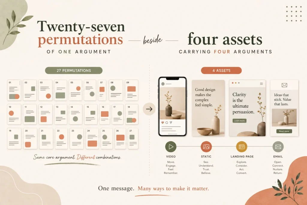 Twenty-seven permutations of one argument beside four assets carrying four arguments