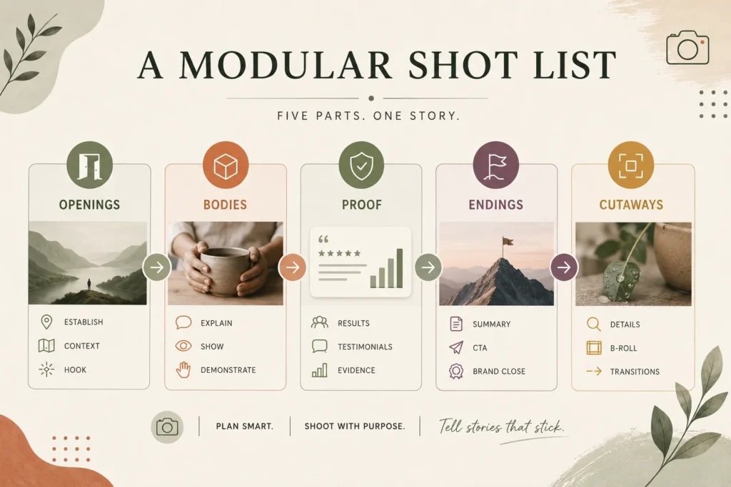 A modular shot list — openings, bodies, proof, endings, cutaways