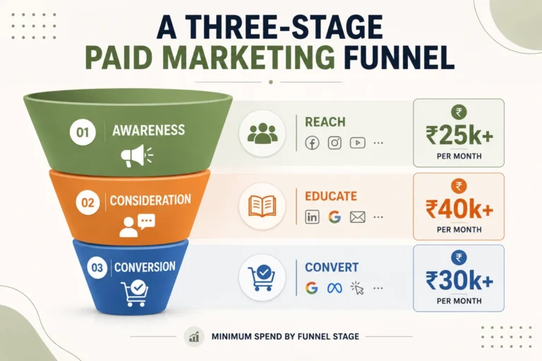 A three-stage paid marketing funnel with a monthly minimum spend marked against each stage