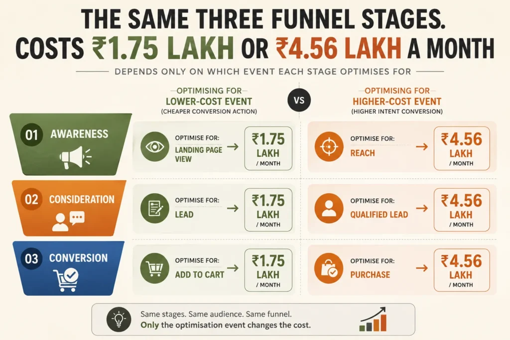 The same three funnel stages costing ₹1.75 lakh or ₹4.56 lakh a month depending only on which event each stage optimises for