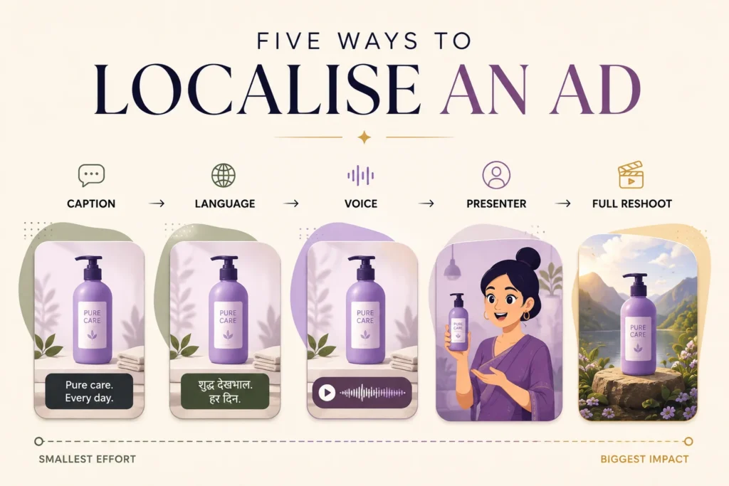Five ways to localise an ad, ordered from caption swap to full reshoot