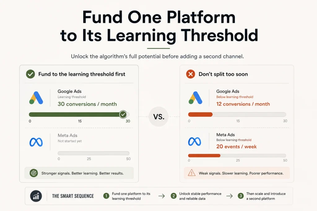 One platform funded to its learning threshold before a second is added, rather than a budget split across both

