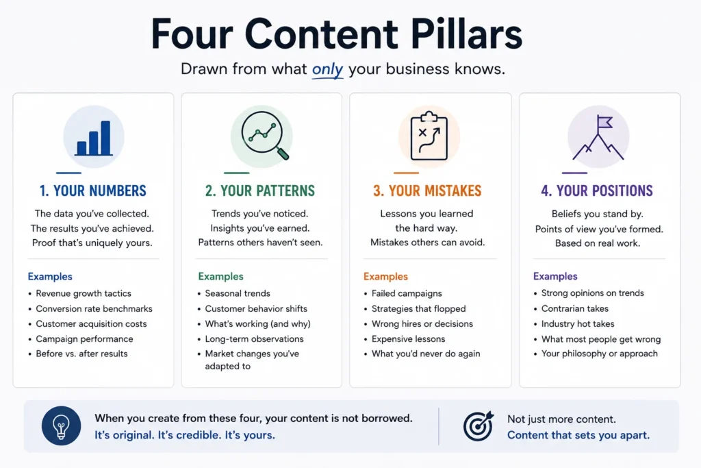 Four content pillars drawn from what only your business knows — your numbers, your patterns, your mistakes, your positions

