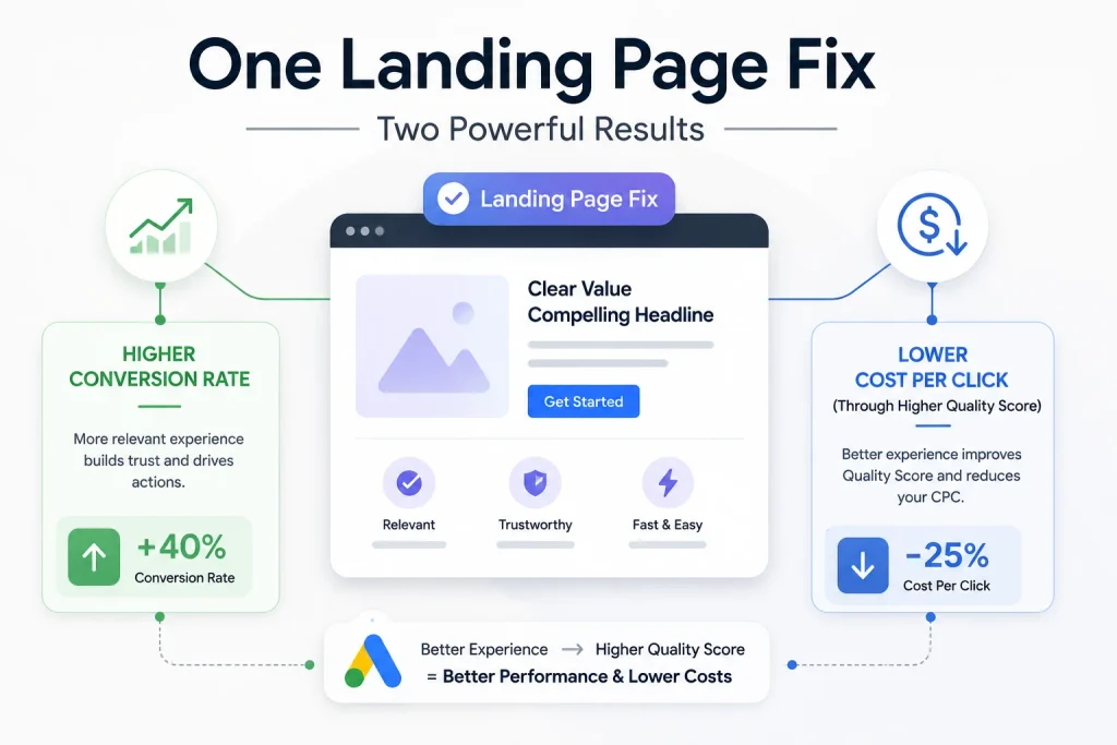 One landing page fix producing two effects — higher conversion rate and lower cost per click through Quality Score

