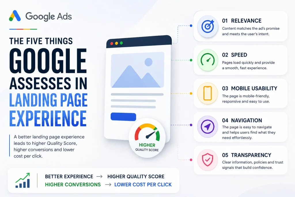 The five things Google assesses in landing page experience — relevance, speed, mobile usability, navigation, transparency

