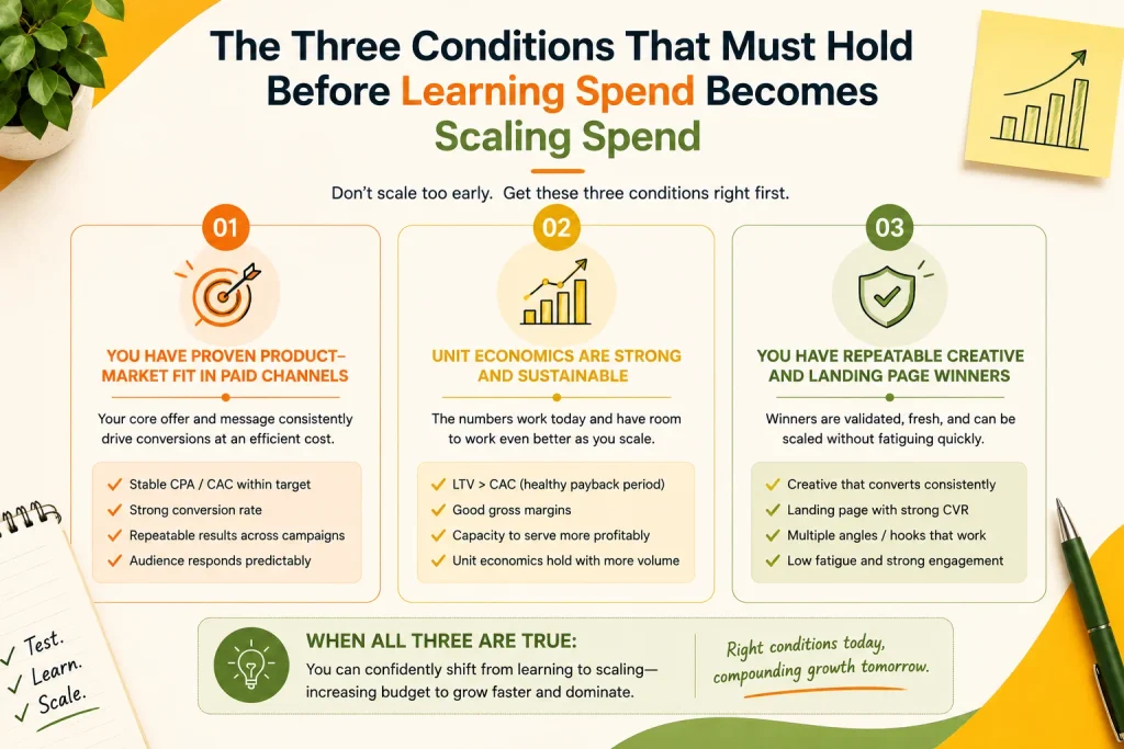 The three conditions that must hold before learning spend becomes scaling spend