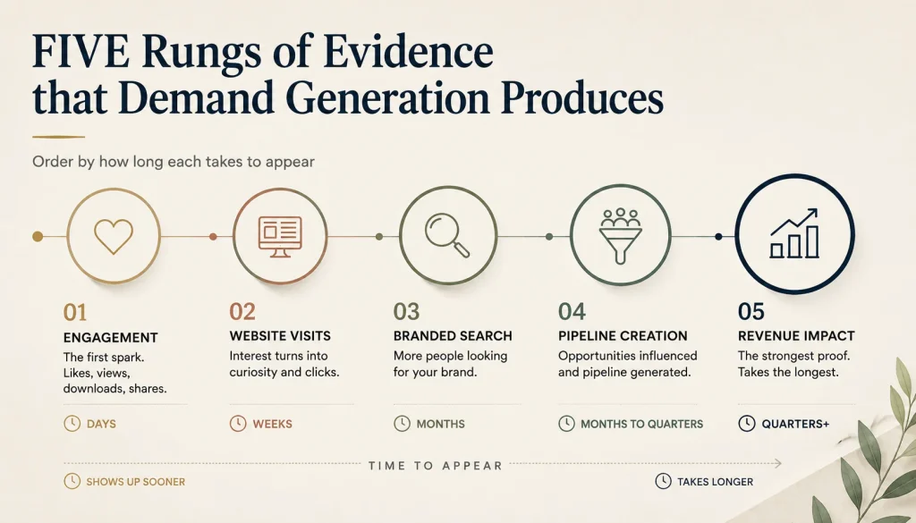 Five rungs of evidence that demand generation produces, ordered by how long each takes to appear