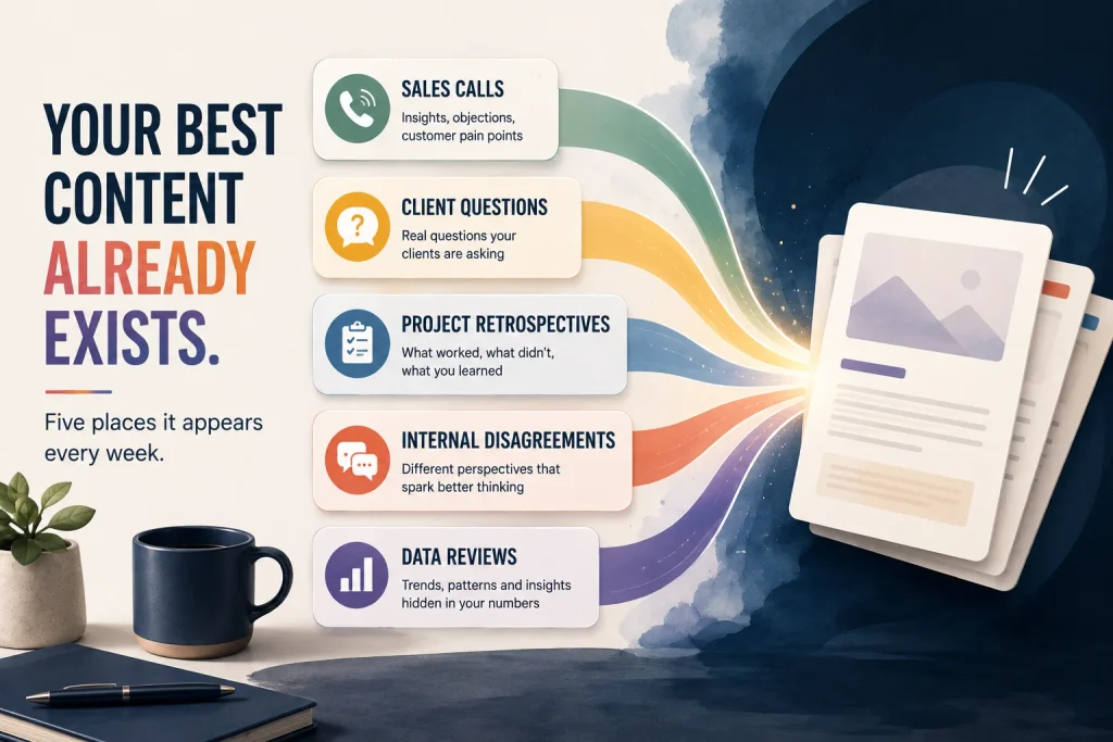 Five places inside a business that generate publishable material every week — sales calls, client questions, project retrospectives, internal disagreements and data reviews