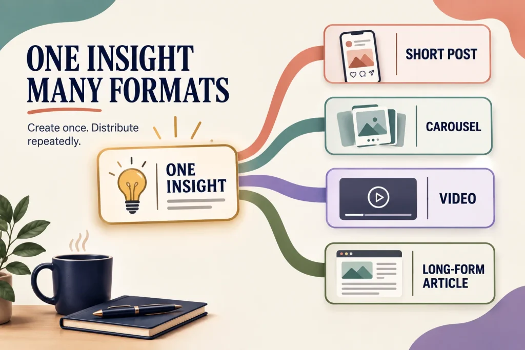 One captured insight becoming a short post, a carousel, a video and a long-form article