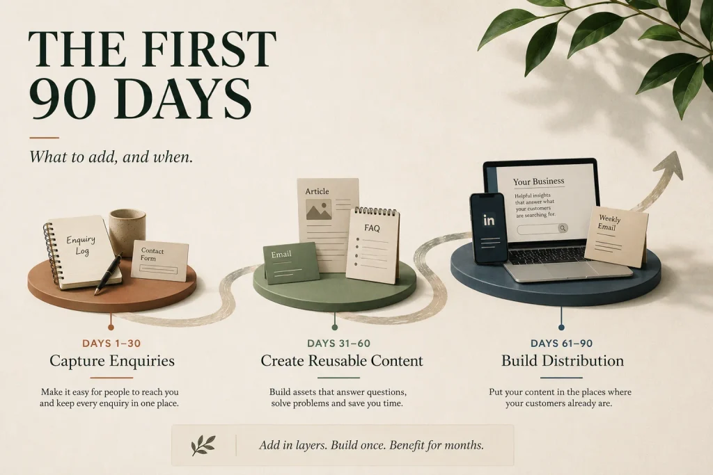 A first-ninety-days sequence for an SME with limited hours, showing what to add and when