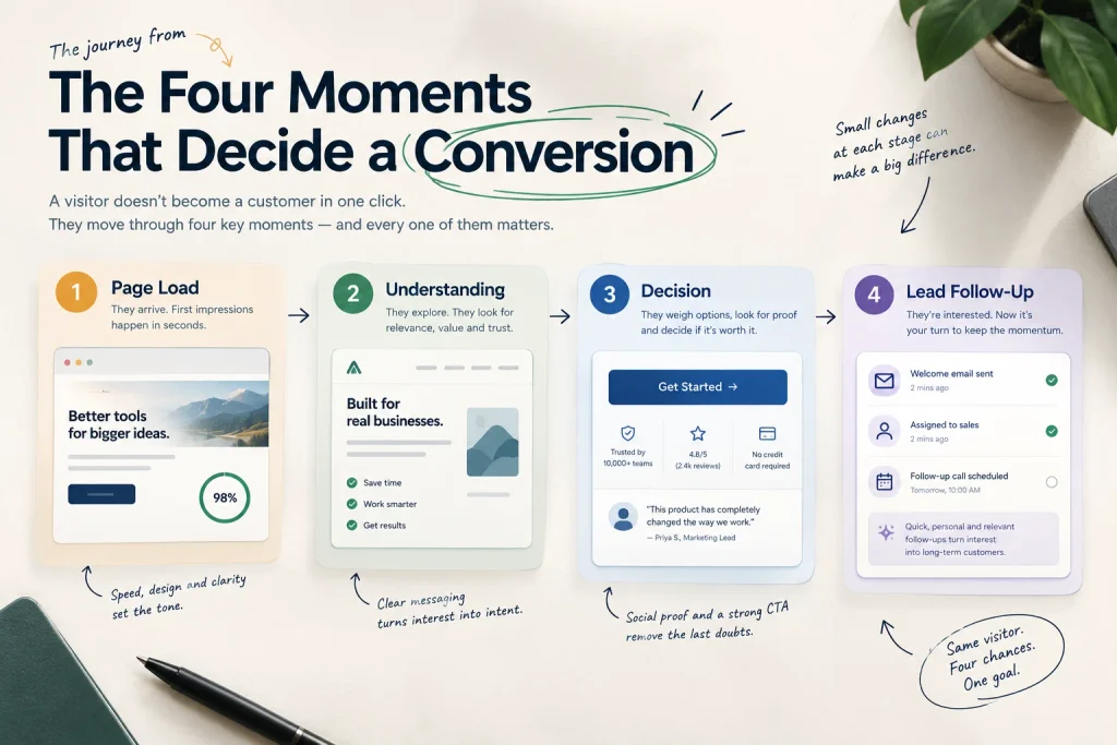 Diagram of four stages a visitor passes through on a landing page, from page load to lead follow-up

