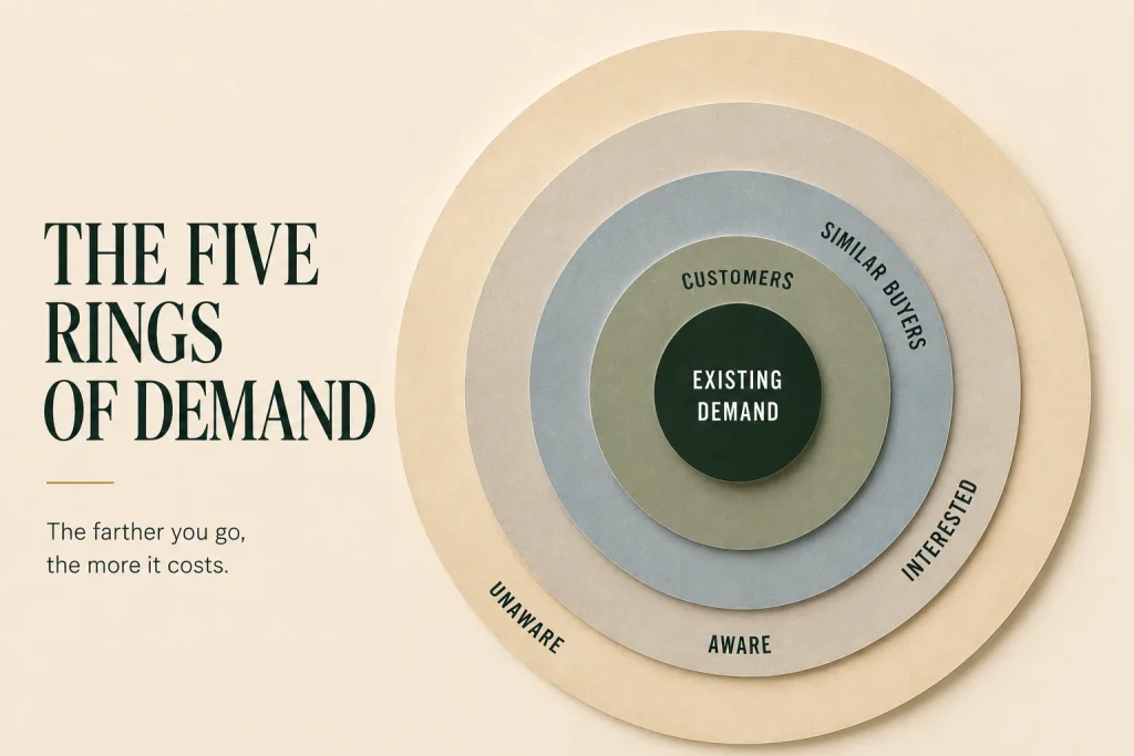 Five rings of audience ordered by distance from existing demand, each costing more per customer than the one inside it

