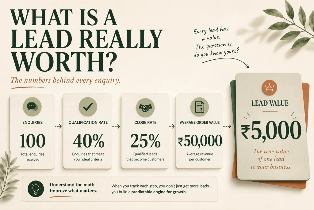 How a lead becomes a measurable value — enquiries, qualification rate, close rate, average order value

