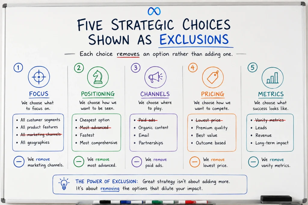 Five strategic choices shown as exclusions, each removing an option rather than adding one

