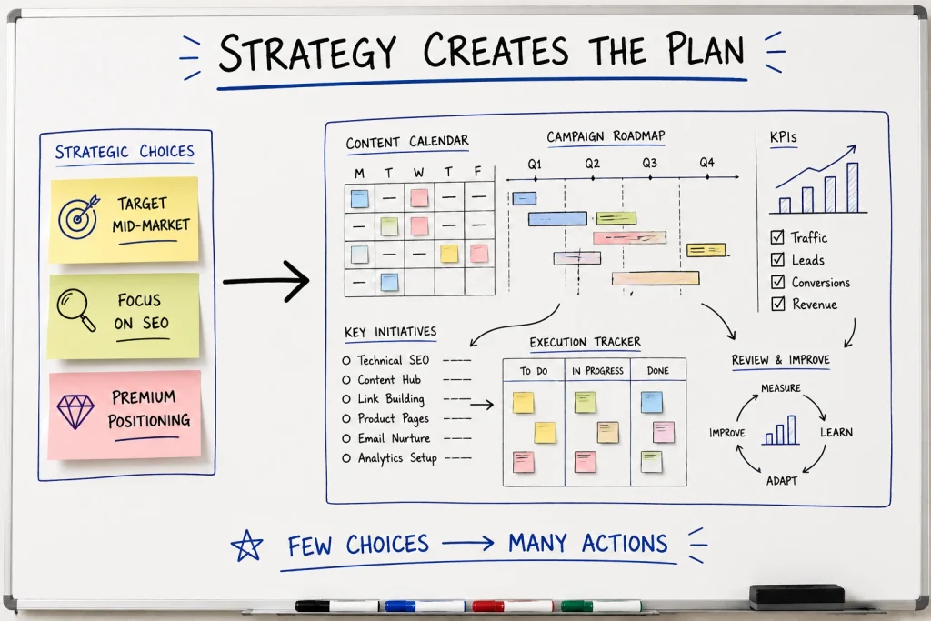 Contrast between a short list of strategic choices and the longer activity plan that follows from them

