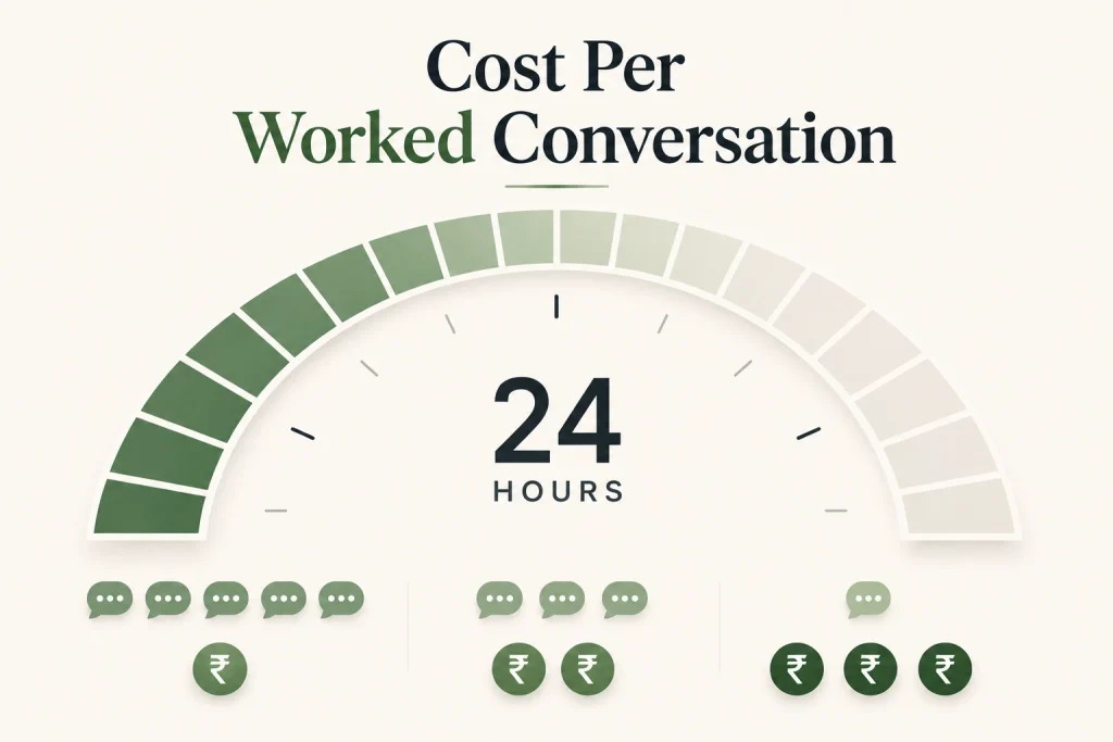Cost per worked conversation as the share of windows captured falls

