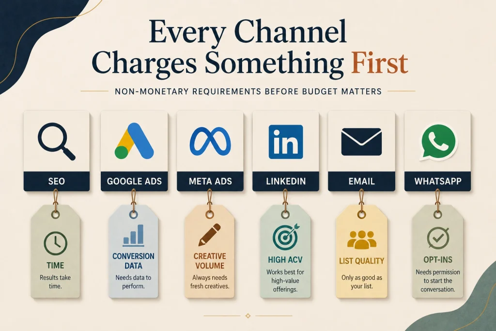 Each paid channel shown with the non-monetary requirement it charges before budget matters

