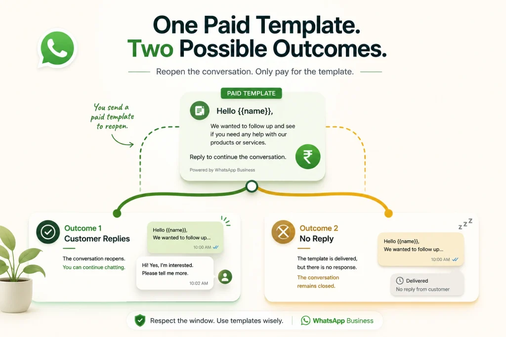 A paid template sent to reopen a conversation, with two possible outcomes

