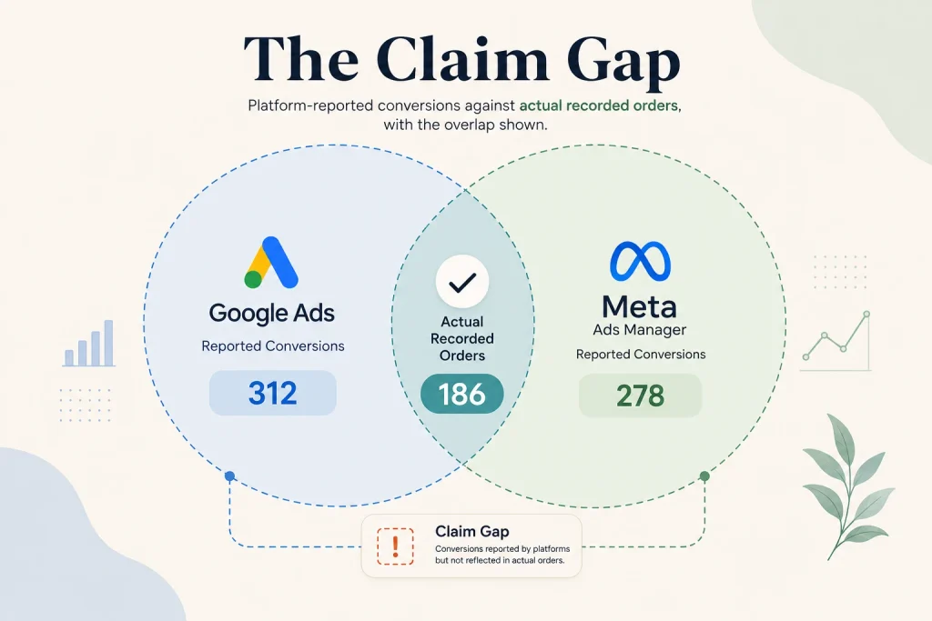 The claim gap — platform-reported conversions against actual recorded orders, with the overlap shown


