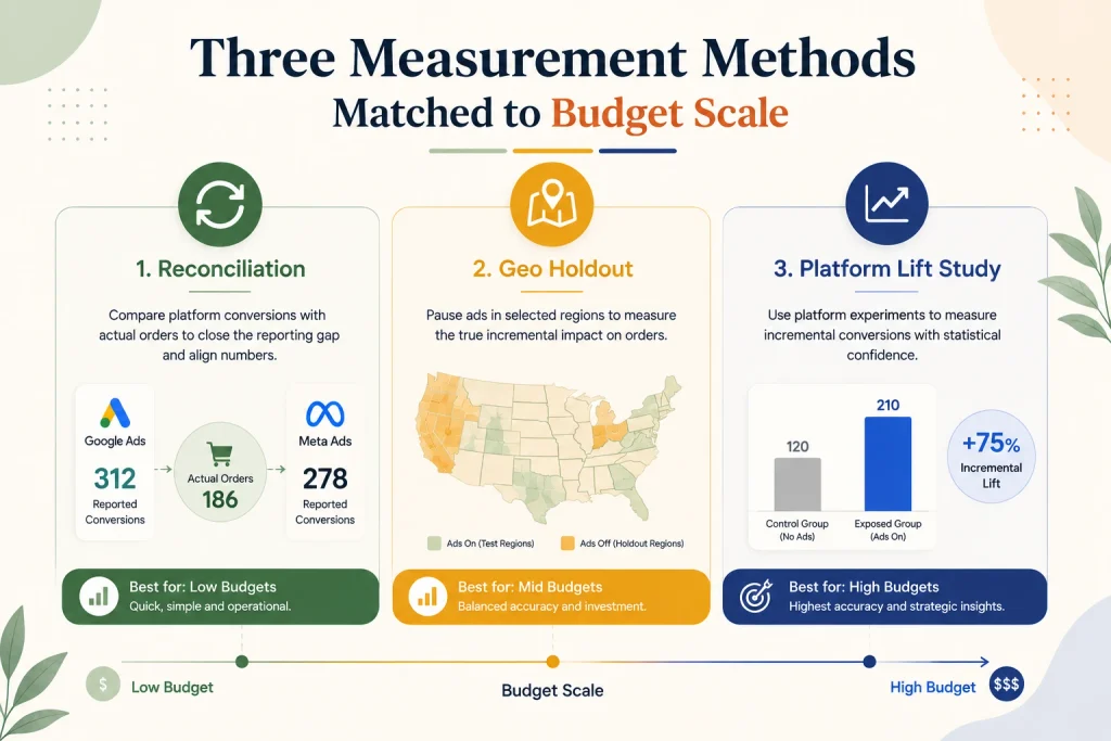Three measurement methods matched to budget scale — reconciliation, geo holdout, platform lift study

