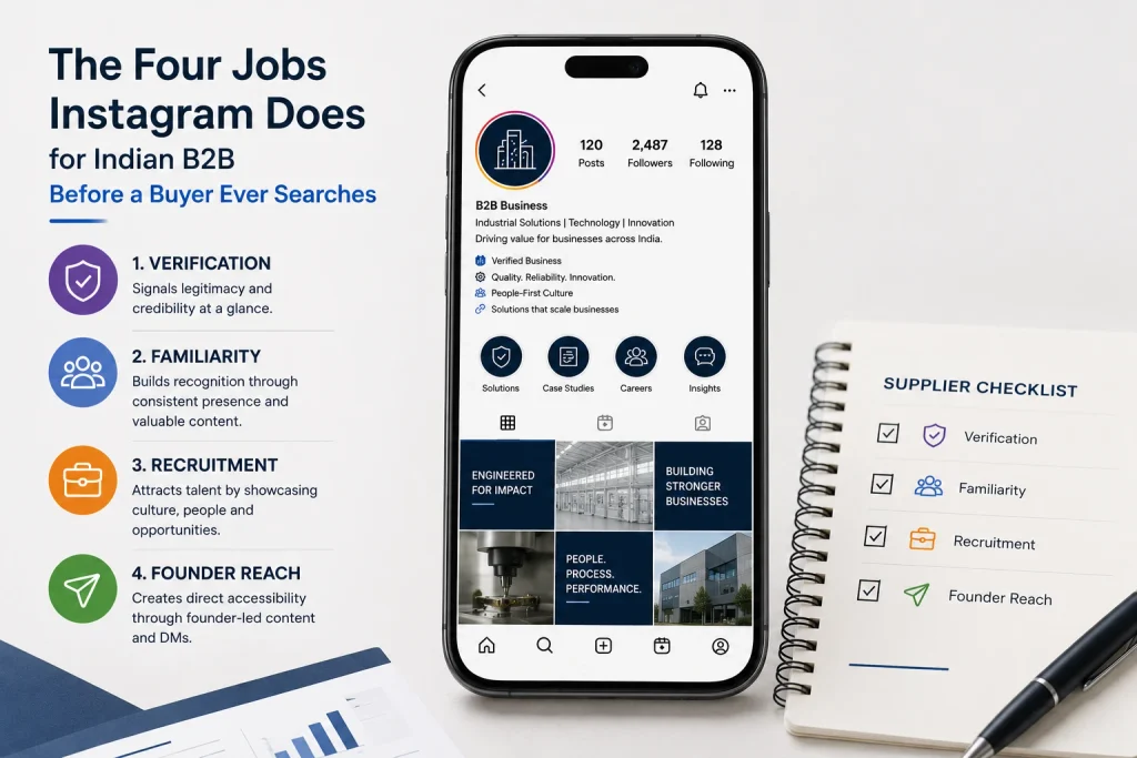 The four jobs Instagram does for Indian B2B before a buyer ever searches — verification, familiarity, recruitment, founder reach

