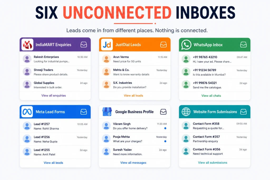 IndiaMART, JustDial, WhatsApp, Meta lead forms, Google Business Profile and website form as six unconnected inboxes

