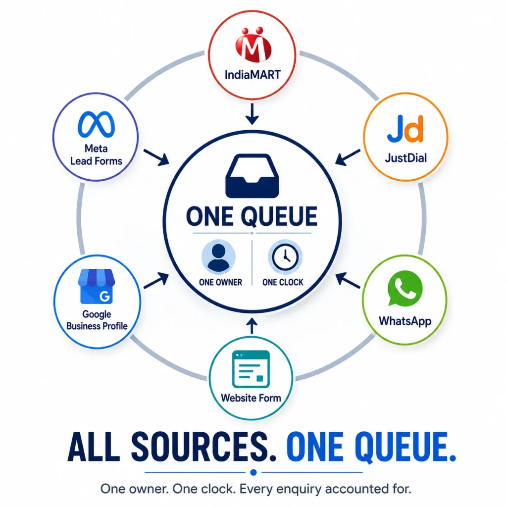 One queue with one owner and one clock behind all enquiry sources


