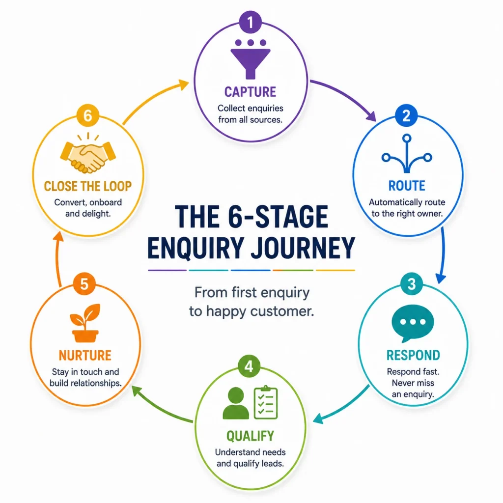 The six stages — capture, route, respond, qualify, nurture, close the loop

