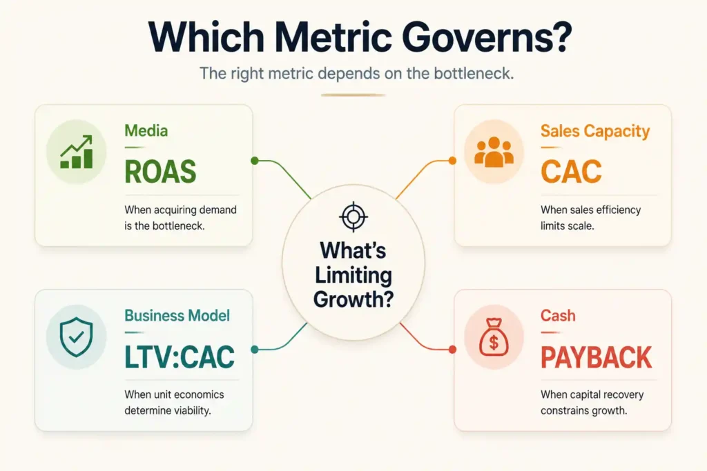 Which metric governs, determined by whether the constraint is media, sales capacity, business model or cash